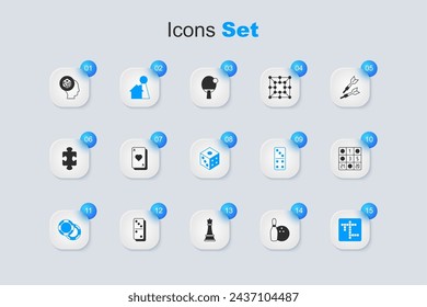 Set Bowling pin and ball, Playing cards, Chip for board game, Casino chips, Crossword, Bingo, Game dice and  icon. Vector