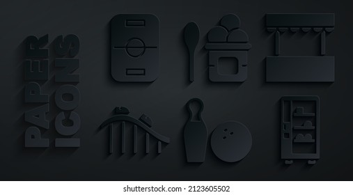 Set Bowling Pin And Ball, Ticket Box Office, Roller Coaster, Vending Machine, Ice Cream Bowl And Hockey Table Icon. Vector