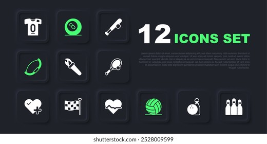 Set Bowling pin and ball, Torch flame, Volleyball, Medieval bow, Checkered flag, Billiard pool snooker and Heart rate icon. Vector