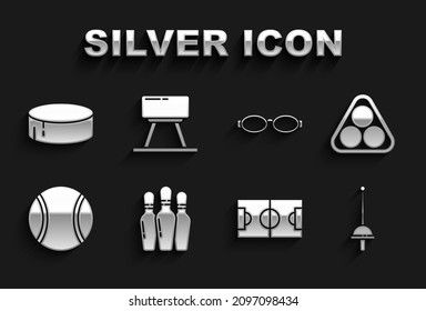 Set Bowling Pin, Billiard Balls A Rack Triangle, Fencing, Football Or Soccer Field, Tennis, Glasses For Swimming, Hockey Puck And Pommel Horse Icon. Vector