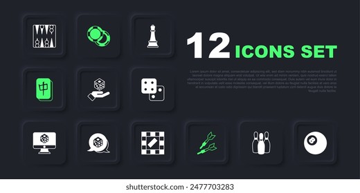 Set Bowling pin, Billiard pool snooker ball, Game dice, Dart arrow, Mahjong pieces, Casino chips and Board game icon. Vector