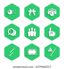 Set Bowling pin, Billiard table, cue and ball,  and  icon. Vector