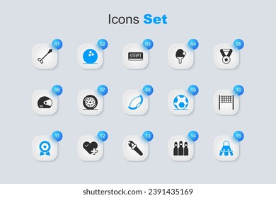 Ponga el pasador de bolas, la rueda del coche, la pelota, la medalla con estrella, el muelle Badminton, la red de voleibol, las flechas medievales y el icono del arco. Vector