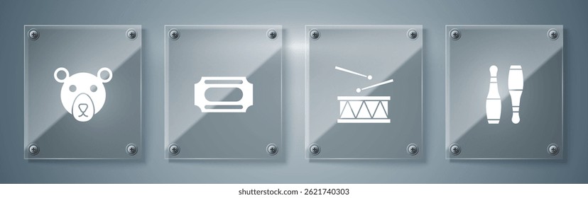 Set Bowling pin, Drum with drum sticks, Circus ticket and Bear head. Square glass panels. Vector