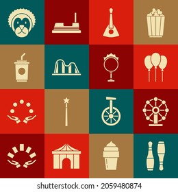 Set Bowling pin, Ferris wheel, Balloons with ribbon, Balalaika, Roller coaster, Paper glass water, Wild lion and Circus fire hoop icon. Vector