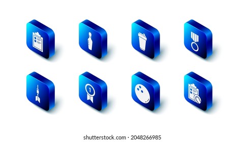 Set Bowling pin, Fitness shaker, Medal, Checklist clipboard and tennis ball, Dart arrow and Sport training program icon. Vector