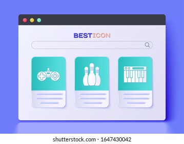Set Bowling pin, Gamepad and Music synthesizer icon. Vector
