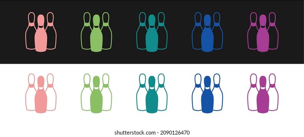 Set Bowling pin icon isolated on black and white background. Juggling clubs, circus skittles.  Vector