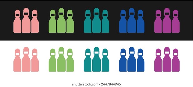 Set Bowling pin icon isolated on black and white background.  Vector
