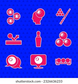 Set Bowling pin, Location with billiard ball, Billiard balls stand, cue and  icon. Vector
