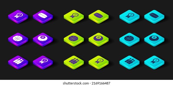 Set Bowling pin, Medal, Basketball ball, Billiard pool snooker, Hockey puck and  icon. Vector