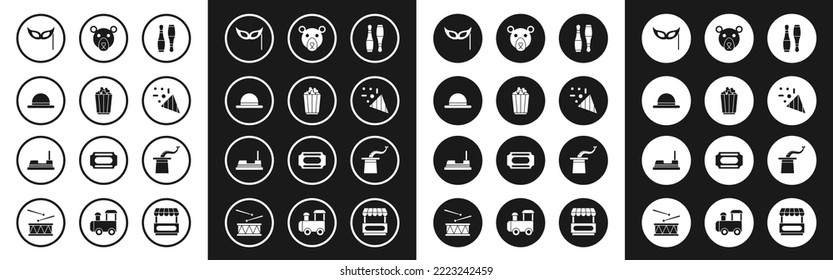 Set Bowling pin, Popcorn box, Clown hat, Festive mask, confetti, Bear head, Magician and Bumper car icon. Vector