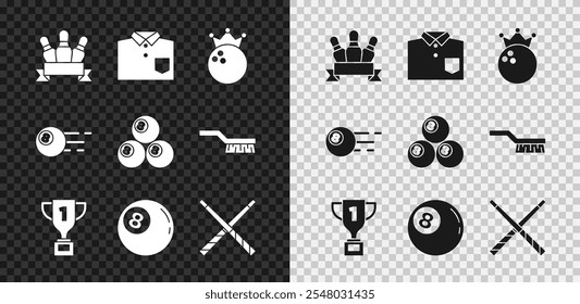 Set Bowling pin, shirt, ball, Award cup, Billiard, Crossed billiard cues,  and  icon. Vector