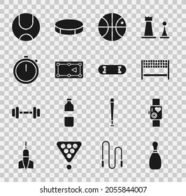 Set Bowling pin, Smart watch showing heart beat rate, Ribbon finishing line, Basketball ball, Billiard table, Stopwatch, Tennis and Skateboard trick icon. Vector