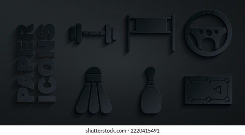 Set Bowling pin, Steering wheel, Badminton shuttlecock, Billiard table, Volleyball net and Dumbbell icon. Vector