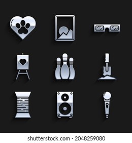 Set Bowling pin, Stereo speaker, Microphone, Shovel the ground, Sewing thread spool, Wood easel or painting art boards, 3D cinema glasses and Heart with animals footprint icon. Vector