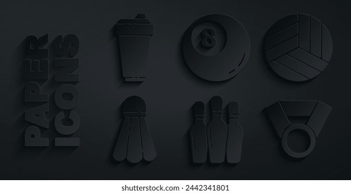 Set Bowling pin, Volleyball ball, Badminton shuttlecock, Medal, Billiard pool snooker and Fitness shaker icon. Vector