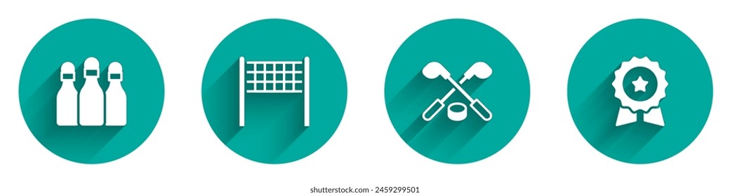 Set Bowling pin, Volleyball net, Ice hockey sticks and puck and Medal with star icon with long shadow. Vector