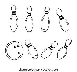 Set of Bowling pins and ball sport icon. Vector illustration in simple outline style isolated on white. background.
