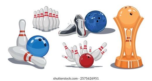 Set of bowling pins and balls in cartoon style. Vector illustration of bowling games standing skittles, knocked out a strike, sneakers, cup for first place on white background.