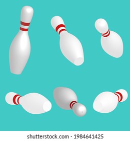 Set of bowling pins in different projections. The pins lying down after the strike. 3D vector illustration