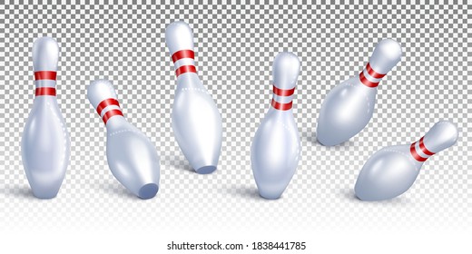 Set Bowling pins falling from different angles. 3d realistic vector illustration. Isolated on transparent background.