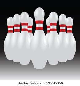 A set of bowling pins with two red white rims. Vector illustration.