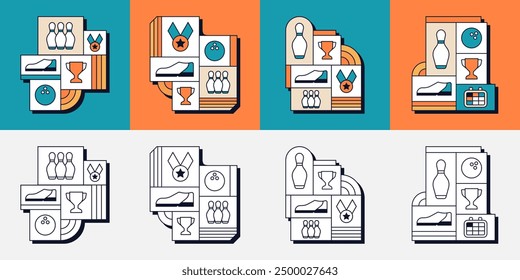 Set of Bowling Shoe Skittles Ball Game Competition Trophy Medal Geometric Line Art Illustration