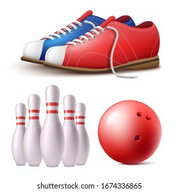 Set of bowling skittles, ball and shoes equipment, 3d realistic vector illustration isolated on white background. Sport game facilities icons collection.