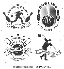 Set of Bowling sports club logo, badge design. Vintage design with athlete, bowling pins and skeleton hand with bowling ball silhouette. Vector.