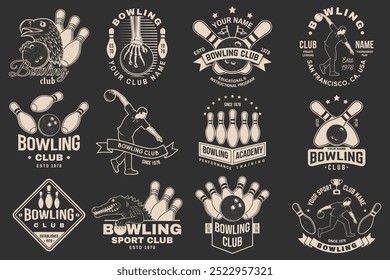 Set of Bowling sports club logo, badge design. Vintage design with athlete, bowling pins and skeleton hand with bowling ball, eagle, crocodile silhouette. Vector