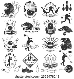 Set of Bowling sports club logo, badge design. Vintage design with athlete, bowling pins and skeleton hand with bowling ball, eagle, crocodile silhouette. Vector.