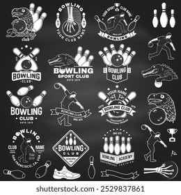 Set of Bowling sports club logo, badge design on the chalkboard. Vintage design with athlete, bowling pins and skeleton hand with bowling ball, eagle, crocodile silhouette. Vector.