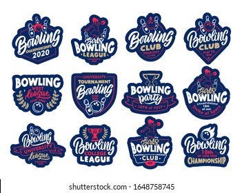 Set of Bowling stickers, patches. Colorful badges, emblems, stamps for club, super league on white background. Collection of retro logos with hand-drawn text, phrases. Vector illustration