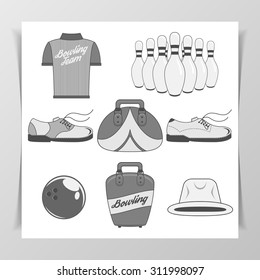 Set of Bowling vintage Design Elements like a Ball, Skittles, Bags, Shirt and Shoes