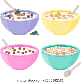 Set of bowls of breakfast cereal in different flavors. Cereal breakfast bowl set, cornflakes with milk, chocolate, blueberries fruits. Corn flakes and porridge oatmeal. Vector illustration