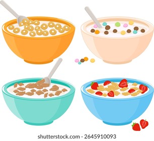 Conjunto de tigelas de cereal matinal em diferentes sabores. Conjunto de tigela de café da manhã de cereais, flocos de milho com leite, chocolate, morangos e frutas. Flocos de milho e mingau de aveia. Ilustração vetorial