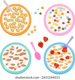 Conjunto de tigelas de cereal matinal em diferentes sabores. Vista superior. Conjunto de tigela de café da manhã de cereais, flocos de milho com leite, chocolate, morangos e frutas. Flocos de milho e mingau de aveia. Ilustração vetorial