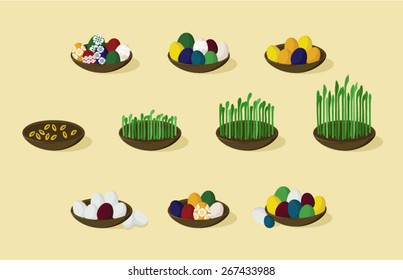 Set of bowls with Easter eggs and growing grains