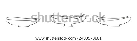 Set of bowls in line art style. Continuous one line drawing. Empty plates. Isolated on white backdrop. Design elements for print, greeting, postcard, scrapbooking. Concept of minimalism, dish, platter