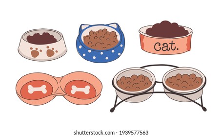set of bowls for pets. cute plates for cats and dogs. pet food in special potion