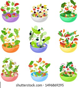 Set of bowls with pieces of vegetables. Vector illustration on a white background.