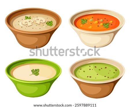 Set of bowls of soups isolated on a white background. Vector illustrations. Hand-drawn illustration, not AI