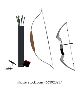 Set of bows, arrowheads and quiver of arrows. Vector illustration.