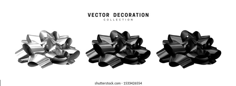 Set of bows black and silver. Realistic isolated on white background.