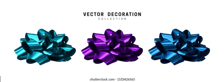 Set of bows blue and violet. Realistic isolated on white background.