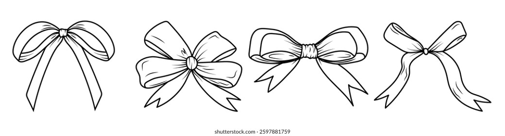 A set of bows. A bow for wrapping gifts for birthday, wedding, Christmas, New Year. Vector illustration isolated on a white background