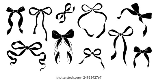 Set of bows. Bowknots for hair decor. Trendy girls hair braiding accessories. Vector Illustration