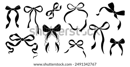 Set of bows. Bowknots for hair decor. Trendy girls hair braiding accessories. Vector Illustration