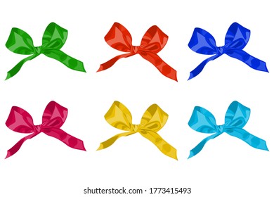 Set of bows for decorating boxes, gifts. Six colorful bows to create a festive design. Isolated on a white background.